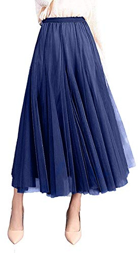 Damen Langer Tüllrock A Linie Tüll Röcke Einheitsgröße Elegante Hochzeit Tutu Maxiröcke (Dunkelblau, Einheitsgröße)