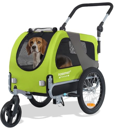 DOGGYHUT® Premium M Pet Bike Trailer & Stroller 2-in-1,for Dogs up to 50 lbs,Parking Brakes,Easy Folding Cart Frame, Universal Bicycle Coupler,E-Bike Friendly (Lime Green)