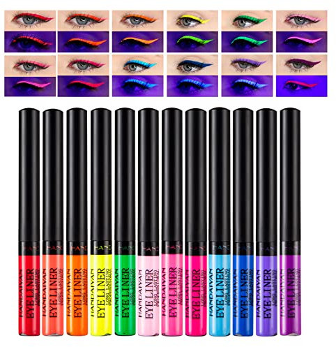 12 PCS Eyeliner Wasserfest UV Glow Neon,Matte Liquid Eyeliner Set,Glühender Eyeliner Wischfest, Langanhaltend, Hohe Farbwiedergabe,Halloween Makeup Set Gift For Women