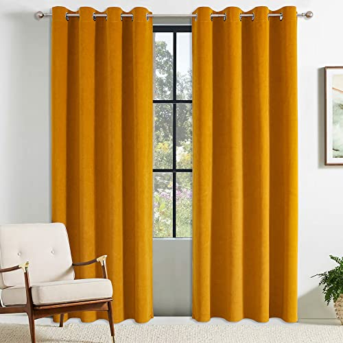 CUCRAF Eyelet Velvet Thermal Blackout Curtains for Bedroom - 46 x 90 (W x L) Gold 2 Panels Ring Top Soundproof Insulated Curtain Ideal for Kidsroom and Living Room