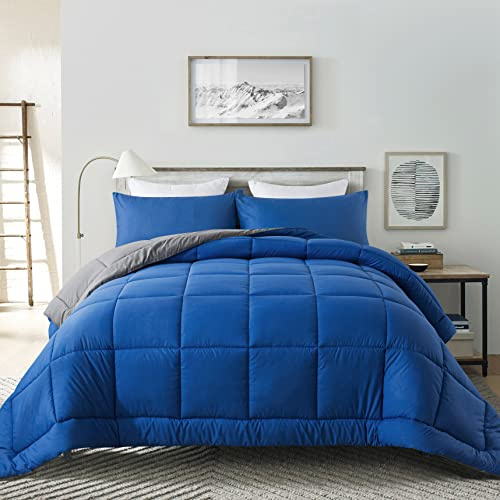 DOWNCOOL Set med sängkläder för alla årstider med 1 örngott – 2 delar bäddset alternativ täckeset – blå/grå sängkläder set (164 x 223 cm)