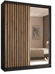 ALTDECOR Kleiderschrank mit Spiegel und Schiebetüren, kugelgelagerte Führungsschienen und Aluminium-Leisten - LAMELO - 160 cm Schwarz + Artisan + Schwarz