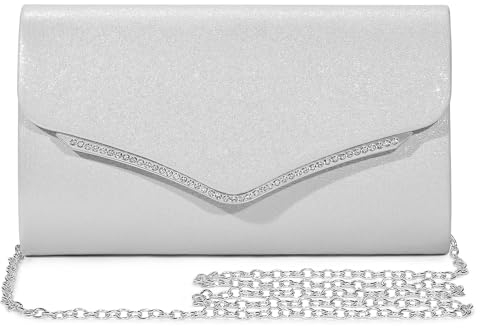 BAICLES PU Leder Abendtasche Damen Clutch Handtasche Hochzeit Elegant Brauttasche Damen Kettentasche Mädchen Klein Umhängetasche für Party Freizeit(Silber)