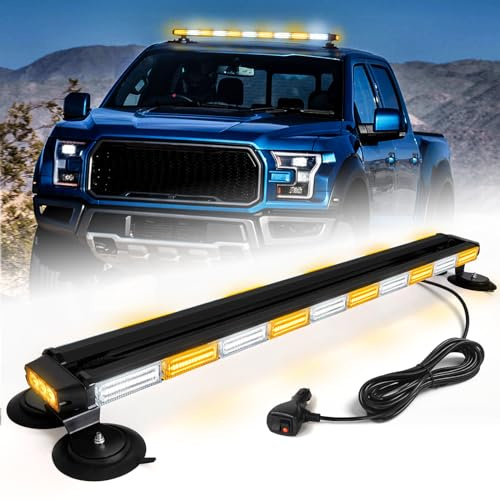 LRTER 42 Roof Top Strobe Light Bar Amber White Emergency Traffic Advisor Lights, Double Side Warning Safety Flashing w/Magnetic Mount for Construction Vehicles Plow Trucks Pickup, Amber/White
