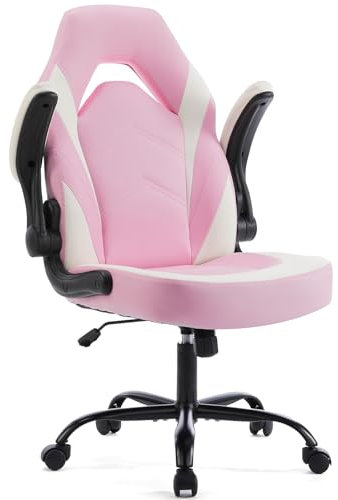Sweetcrispy Computer Gaming Desk Chair - Ergonomic Lumbar Support Executive with PU Leather and Flip-up Armrest, Height Adjustable with 360° Swivel Wheels, Pink White, for Home and Office