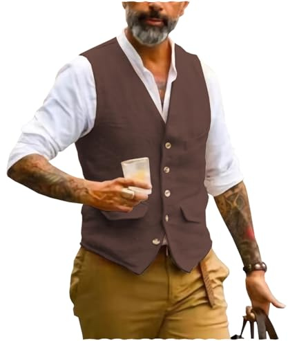 AeoTeokey Gilet da uomo in lino estivo, gilet da lavoro, gilet con scollo a V, vintage, moda formale, vestibilità regolare, Caff, S
