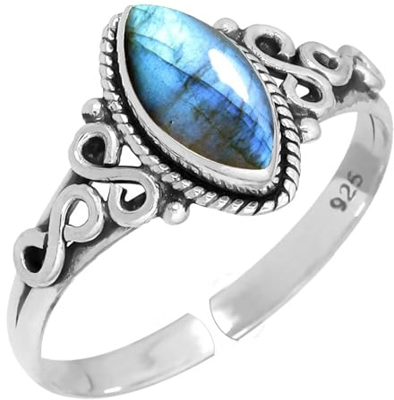Bague ajustable Jeweloporium en argent sterling 925 avec labradorite grise, bijou bohème en véritable pierre précieuse marquise.