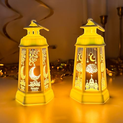 Ramadan Laterne 2 Stück Ramadan Laterne mit Warmweiß LED-Licht Ramadan Mubarak Dekoration, Mondschloss Laterne, Eid Mubarak Laterne, Ramadan Tischdekoration für Muslimische Festivals, Dekoration (Weiß