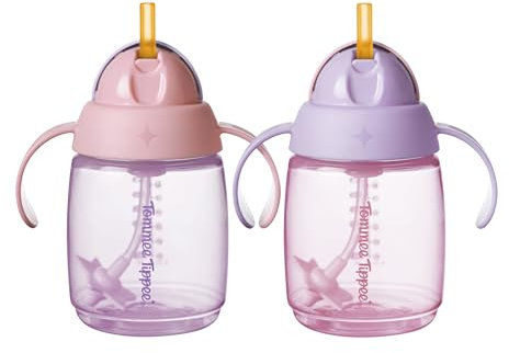 Tommee Tippee tasse à paille d’apprentissage 240ml Tasse de transition pour nourrissons à partir de 6 mois dotée d’une paille lestée en silicone et de poignées faciles à saisir, Rose et Violet, x2