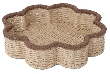 GYASVWU Tablett aus Papierseil, gewelltes Korbgeflecht zur Dekoration, flache Körbe zur Aufbewahrung, Rattan-Tablett für Couchtisch/Wohnzimmer/Schlafzimmer (Beige + Braun)