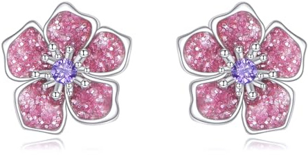 YAFEINI Pink Flower Earrings 925 Sterling Silver Flower Cherry Blossom Stud Earrings Cherry Blossom Jewellery Gift for Women
