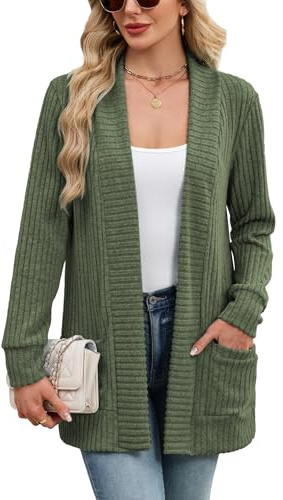 iChunhua Long Cardigan for Women Ribbed Knit Comfy Longline Lightweight Open Front Outerwear Tops with Pockets (Army Green, Small)