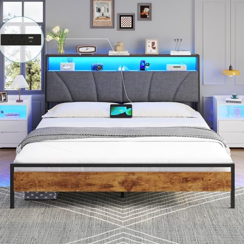DICTAC King Size Bed Frame with Upholstered Storage Headboard, Stable and Sturdy Metal King Bed Frame with Charging Station & LED Lights, 150x200 cm Platform Bed Frame No Box Spring Needed, Noise Free