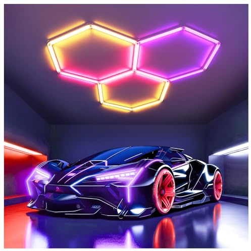 TODEHI 144W Hexagonal RGB LED-belysning 3 Hex LED-taklampa | Dimbar plug-in för garage med fjärrkontroll/app för spel, fester och gym, bil skönhetssalong