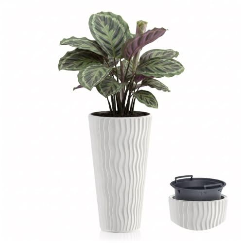 GEEZY Tall Slim Wavy Plant Pot with Insert, 53.1 x 29.7 cm - Weather Resistant White Indoor & Outdoor Planter - Modern Flower Pots for Home, Garden & Patio