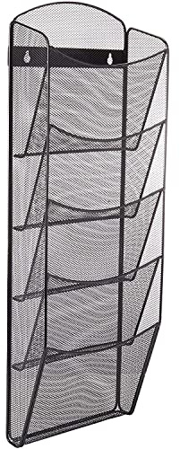 Safco Mesh Magazine Holder, 5 Pocket Wall Mount Display Rack, Brochure Organizer, Durable Steel Construction, 5lb Capacity, Black