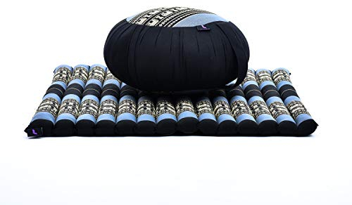 LEEWADEE Meditation Cushion Set – 1 Round Zafu Yoga Pillow and 1 Square Roll-Up Zabuton Mat Filled with Eco-Friendly Kapok, blue