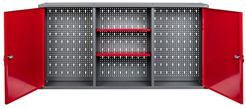 Kreher Werkstattschrank aus Metall mit 2 abschließbaren Türen, zwei höhenverstellbaren Einlegeböden und einer Lochwand. Lackiert in Rot. Maße BxTxH ca.: 120 x 19 x 60 cm.