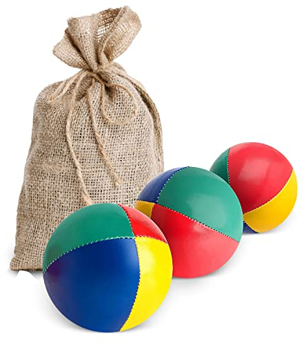 Mister M | 3 Jonglierbälle im beigen Jutesack | Leicht zu greifen | wasserdichte Beschichtung und umweltfreundliche Polsterung | Geeignet für Anfänger und Profis | Mit App und Online-Videotutorial