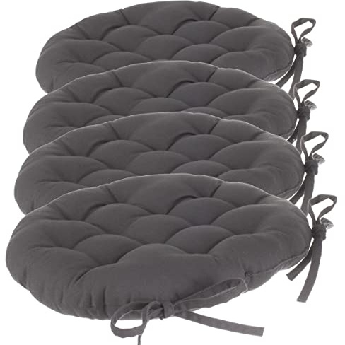 Lot de 4 galettes de chaises Rondes avec Attaches - Diamètre 38 cm -Matelassées & 100% Coton - Coloris Gris Anthracite