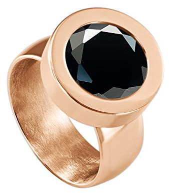 Quiges Rosegold Ring Edelstahl Glänzend 12mm Mini Coin Halter Wechselring und Austauschbare Schwarzes Rundes Zirkonia Coin in der Größe 17mm