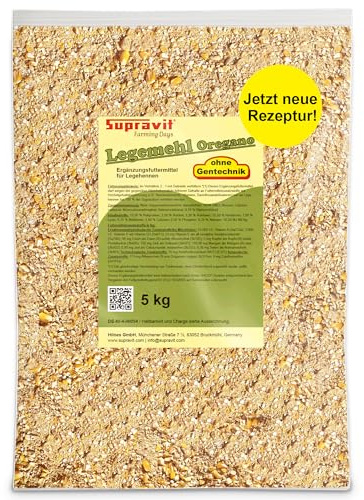 Supravit Legemehl für Hühner mit Oregano 5kg | GVO - Gentechnik frei | | Hühnerfutter für stabile Eierschalen und hohe Legeleistung | hochwertiges mehrfach gereinigtes Legekorn für Legehennen