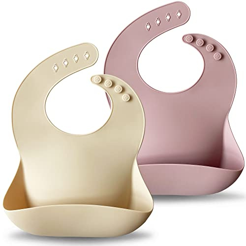 Moonkie Babyhaklappar | 2 Pack Silikonhaklappar | Vattentät Haklapp med Uppsamlingsbricka | Mjuka och Hudvänliga | Justerbar | Tvättbara | för Pojkar och Flickor(Fucsia claro/Tono piel)