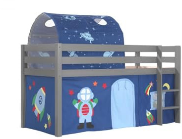 Vipack Spielbett Pino mit Textilset Vorhang und Tunnel Astro Kiefer massiv grau lackiert