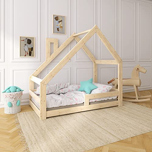 Need Sleep Kinderbett Kinder Hausbett 80x160 Bodentief mit Rausfallschutz Lattenrost Schornstein Kleinkind Bodenbett Haus ab 2 Jahre Montessori Bett aus Holz Mädchen Junge Asymmetrisch