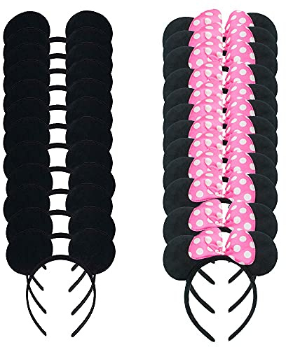 LEEMASING Paquete de 24 diademas de tela de lujo con orejas de ratón para niños y niñas, cumpleaños, baby shower, fiestas, decoraciones (rosa y negro)