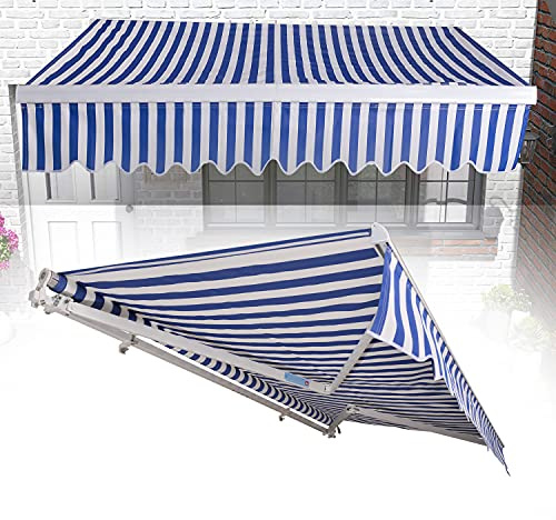 Ikodm Store de terrasse 350 x 300 cm - Store manuel à bras articulés - Imperméable et protection solaire - Store de terrasse pour balcon - Rayé bleu/blanc - Montage nécessaire