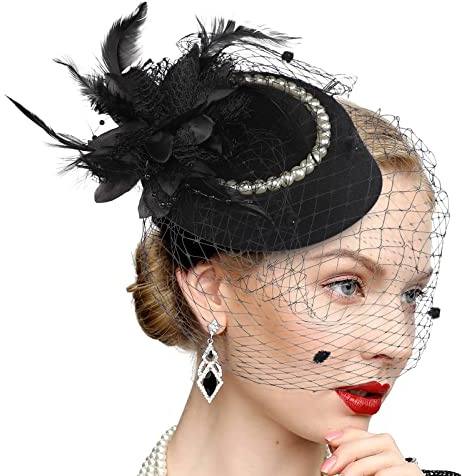 FakeFace Fascinator Hüte 20er 50er Jahre Hut Haar Clip Accessoire Haarreif Kopfbedeckung mit Schleier Cocktail Tea Party Hochzeit Kirche Haarschmuck Kopfschmuck für Mädchen und Frauen