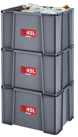 Sundis set di 3 contenitori MASTER BOX, 45L, Componibili e impilabili, Grigio antracite | In plastica riciclata, ideale per l'officina, il bricolage o il trasporto
