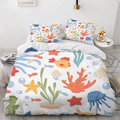 VASENA Housse de Couette 140x200 Enfant Poisson Mignon Parure de Lit 1 Personne Microfibre Housse de Couette La Vie Marine Et Les Plantes 3D Imprimé Literie Set 3 Pièces avec Fermeture Éclair
