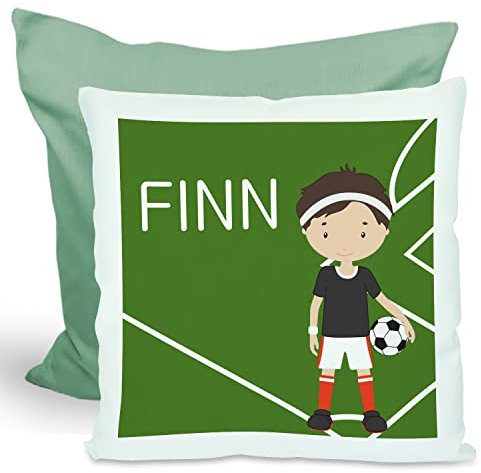 CreaDesign, Kinder Kissen 40x40 cm personalisiert mit Namen, Kinderzimmer Deko Kissen Kinder mit Füllung Federn, Motiv Fußball, Rückenfarbe Grün