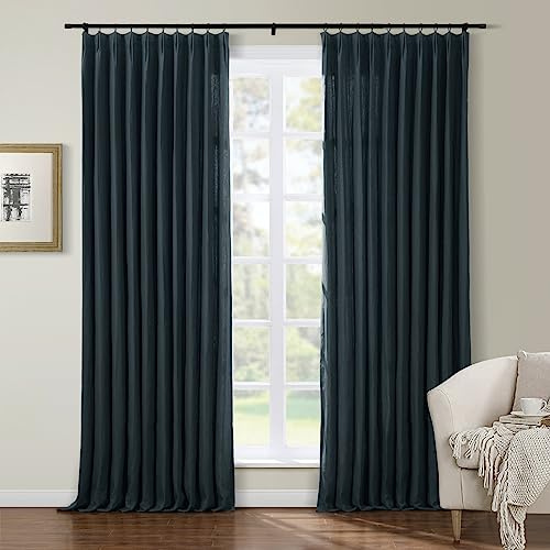 ChadMade Solid Belgian Flax Linen Curtain with Cotton Liner Light Blocking Drape 102 Inches Long, Tailor Pleat Farmhouse Privacy Drape for Kitchen (72 W x 102 L, 1 Panel, Navy)