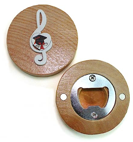 DLM 34530 (Kit 12 Pezzi) Apri Bottiglie Apribottiglie con Calamita Moderno Design Tondo in Legno Chiave di Violino sol Laurea Cappello Tocco Pergamena bomboniera