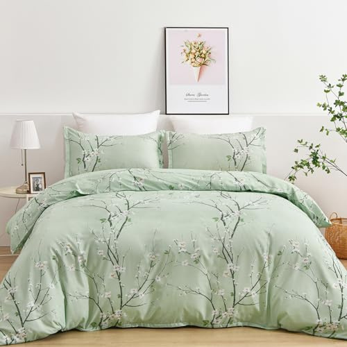 WONGS BEDDING Sage Green Floral Duvet Cover Set Queen, 3 Pieces Flower Plum Blossom Printed Bedding Set with 2 Pillow Shams, Botanical Branch Comforter Cover Set Queen Size 90X90(Not Comforter)