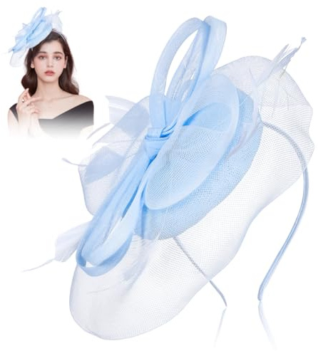 minkissy Light Blue Fascinator Hat Mesh Headband Women Wedding Hats Elegant Tea Party Accessories