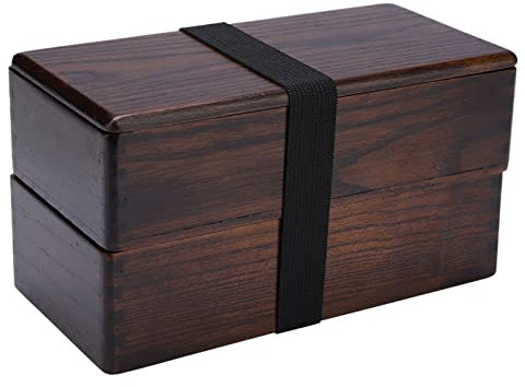 Natudeco Bento Box Nero Scatola per il Pranzo in Legno Doppio Strato per Alimenti in Stile Giapponese Frutta e Panini per Viaggi Scuola e Campeggio