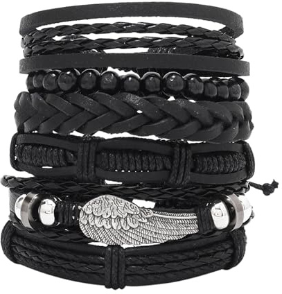 Simsky 6 Pièces Bracelets en Cuir Vintage Multi Tissé Réglable Noir pour Hommes - Cadeau Anniversaire, Saint Valentin, Fête des Pères, Noël