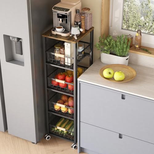 Gemüseregal für Küche,Küchenwagen auf Rollen,Stapelbarer Obstkorb Gemüse,5 Etagen Aufbewahrungswagen KüchenWagen Mit Abschließbare Rollen Und Holzplatte (Schwarz)