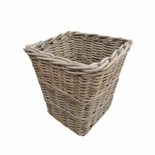 Wicker Waste Paper Bin Basket Square Natural Grey and Buff Rattan Handmade Strong and Durable 30cm x 30cm x 34cm