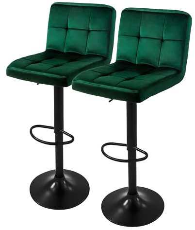 ML-Design Barhocker 2er Set, Bezug aus Samt, Grün, Gepolsterter Barstuhl mit Rückenlehne und Fußstütze, Tresenhocker höhenverstellbar 63-83cm, 360° drehbar, Bistrohocker Hocker Drehstuhl Barstühle