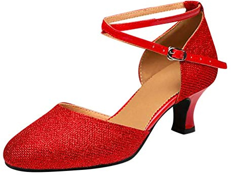 Pumps dam höga klackar klackskor glitter skor blockklack klänning skor rempumps Mary Janes skor stängda bröllopspumps spets tåhätta bröllopsskor högklackade skor damskor, röd, 40 EU