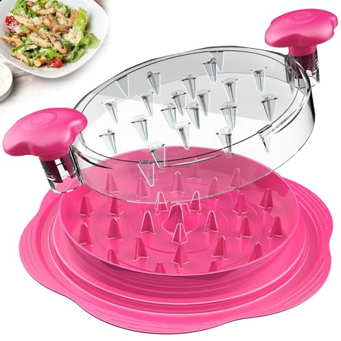 Grand broyeur de poitrine de poulet avec brosse et fourchette ; déchiqueteur de viande visible avec bande antidérapante, poignée ergonomique, sans BPA, adapté pour poulet, porc et bœuf (rose)