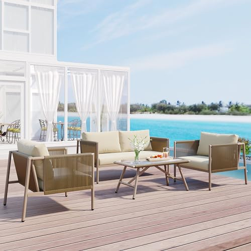 ZYLOYAL10 Lounge-Set, Gartenmöbelset mit verzinktem Eisengestell, Tischplatte aus Glas, PE-Rattan, beige, inklusive Kissen (Beige)