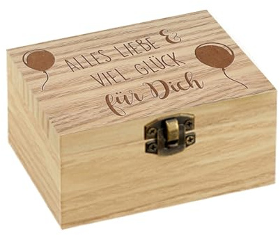 Gravierte Musik Holzbox – 10,5 x 7,5 x 5 cm – Alles Liebe & viel Glück | Schatulle für (Geld-)Geschenke – bezaubernde Gravur zum Thema Geburtstag – kleine Aufbewahrungsmöglichkeit – Seaside No.64