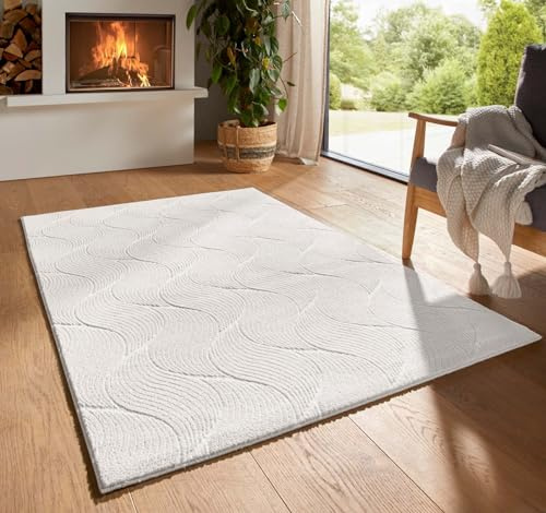 Taracarpet Kurzflor Boho Skandi Polyester Teppich in 3D Optik waschbar, pflegeleicht und robust ideal fürs Wohnzimmer, Schlafzimmer und Kinderzimmer auch als Badematte Creme Düne 080x150 cm