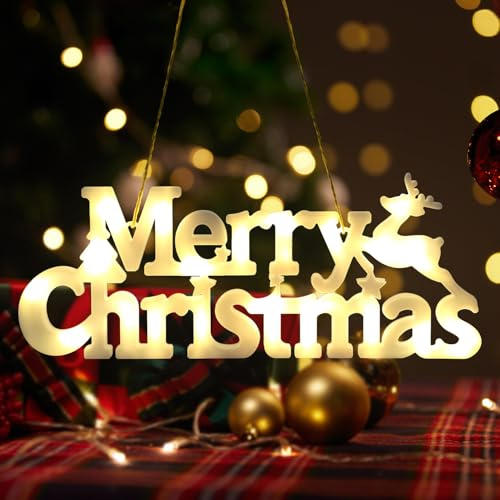 JOFONY Frohe Weihnachten Schild, Weihnachten LED Hängende Ornament Licht Frohe Weihnachten Hängeschild Weihnachten Leuchtende Buchstaben Schild für Weihnachtsbaum Innendekoration